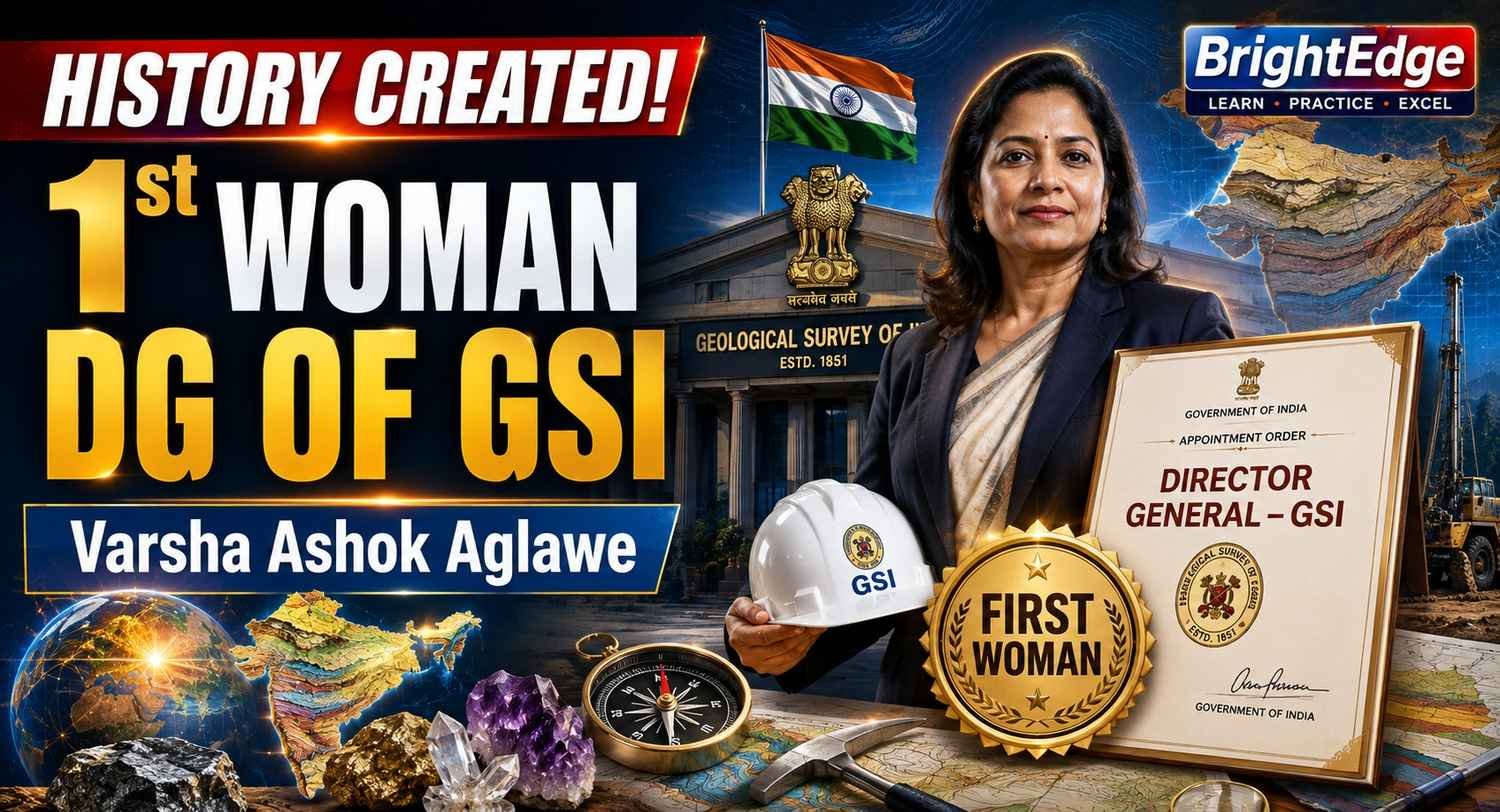 Premium infographic showcasing Varsha Ashok Aglawe as the first woman Director General of the Geological Survey of India (GSI), featuring GSI history, organizational timeline, key responsibilities, critical minerals mission, and current affairs highlights.