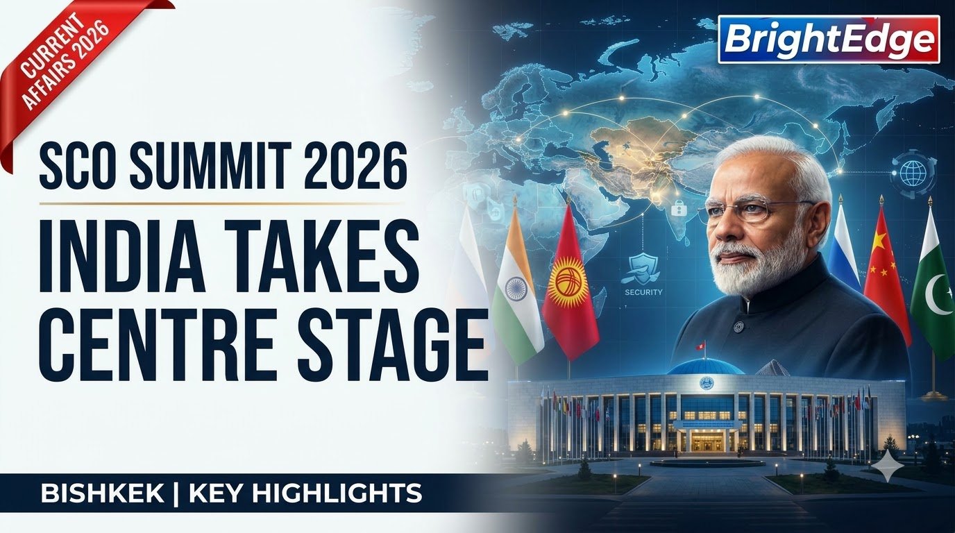 PM Modi at the 26th SCO Summit 2026 in Bishkek with SCO leaders and national flags