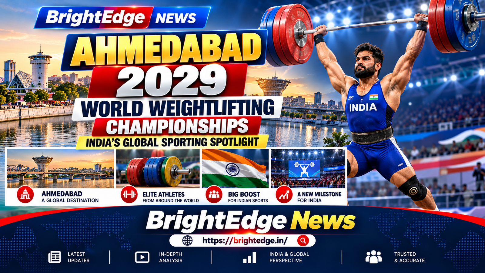 Ahmedabad 2029 World Weightlifting Championships news thumbnail featuring a weightlifter and Ahmedabad cityscape.