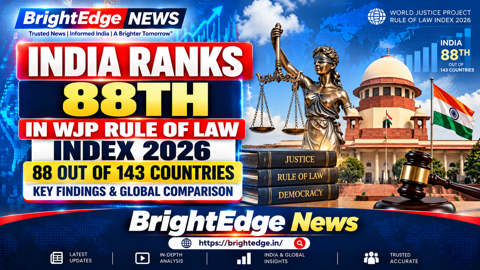 India ranks 88th in the WJP Rule of Law Index 2026, featuring the Supreme Court of India and symbols of justice.