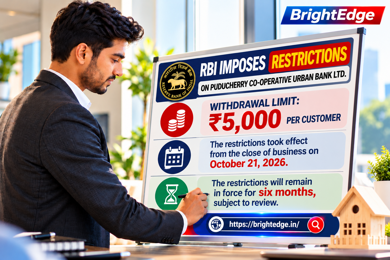 RBI restrictions on Puducherry Co-operative Urban Bank with a ₹5,000 customer withdrawal limit.