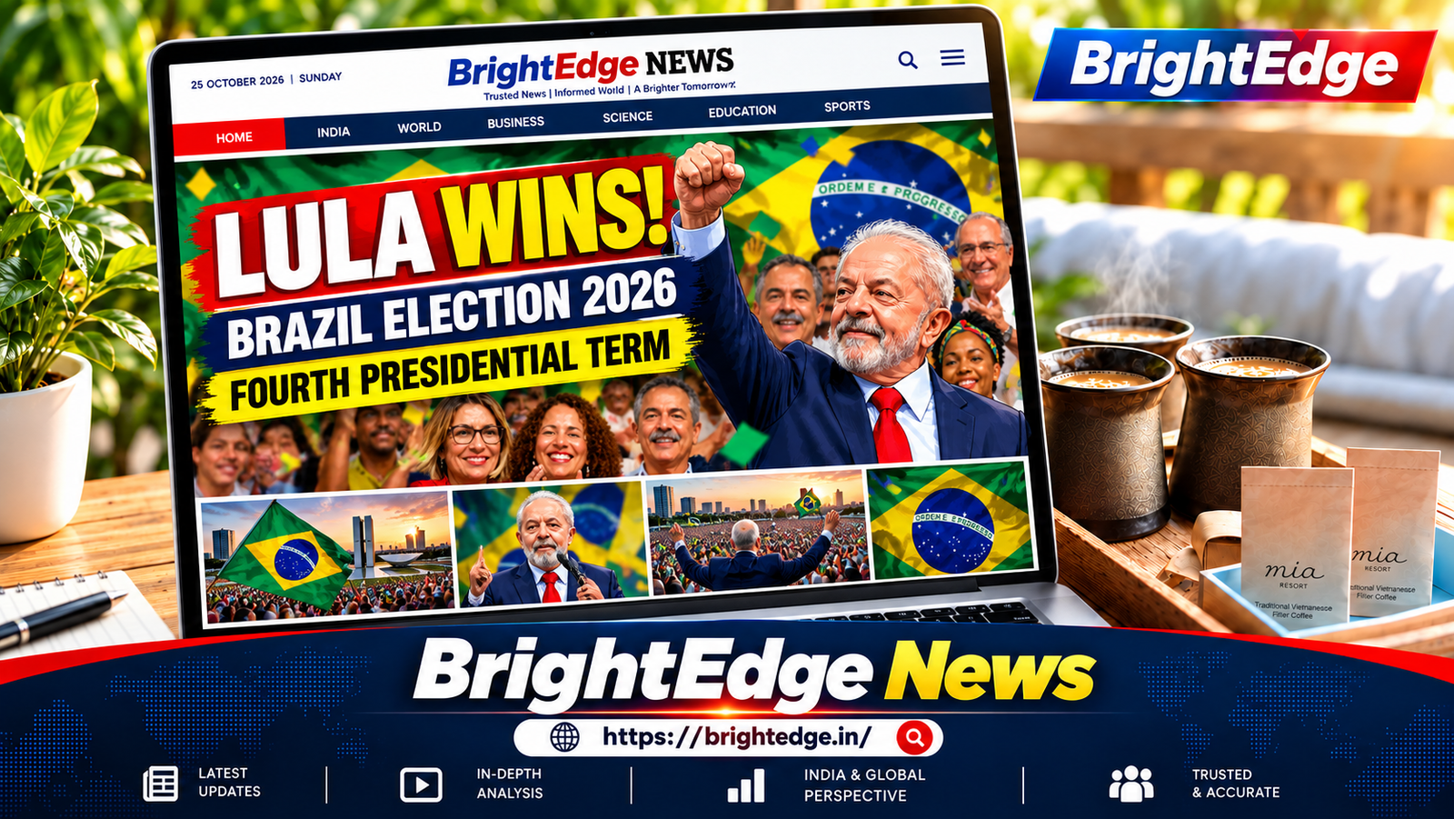 Lula da Silva wins Brazil Presidential Election 2026, securing a fourth presidential term, featured in a BrightEdge News editorial graphic.
