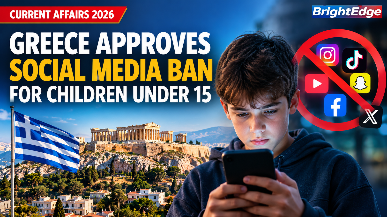 Countries banning social media for children under 15 in 2026, including Greece and other countries introducing age restrictions