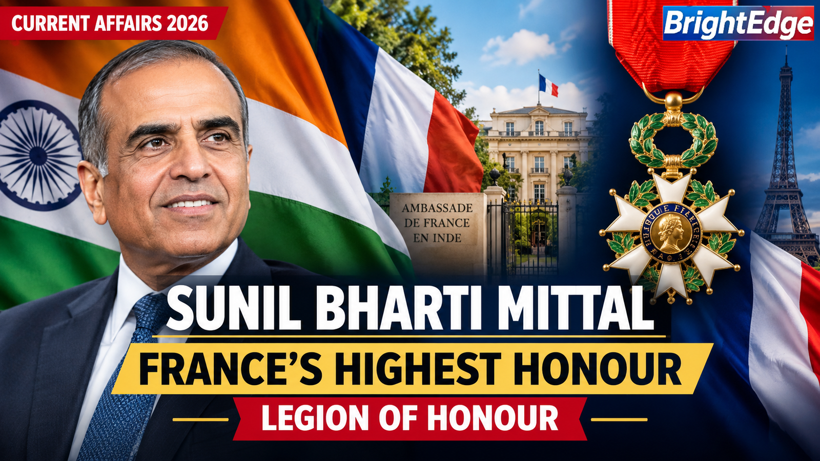 Sunil Bharti Mittal receives France's highest civilian honour, the Legion of Honour, for strengthening India-France relations.