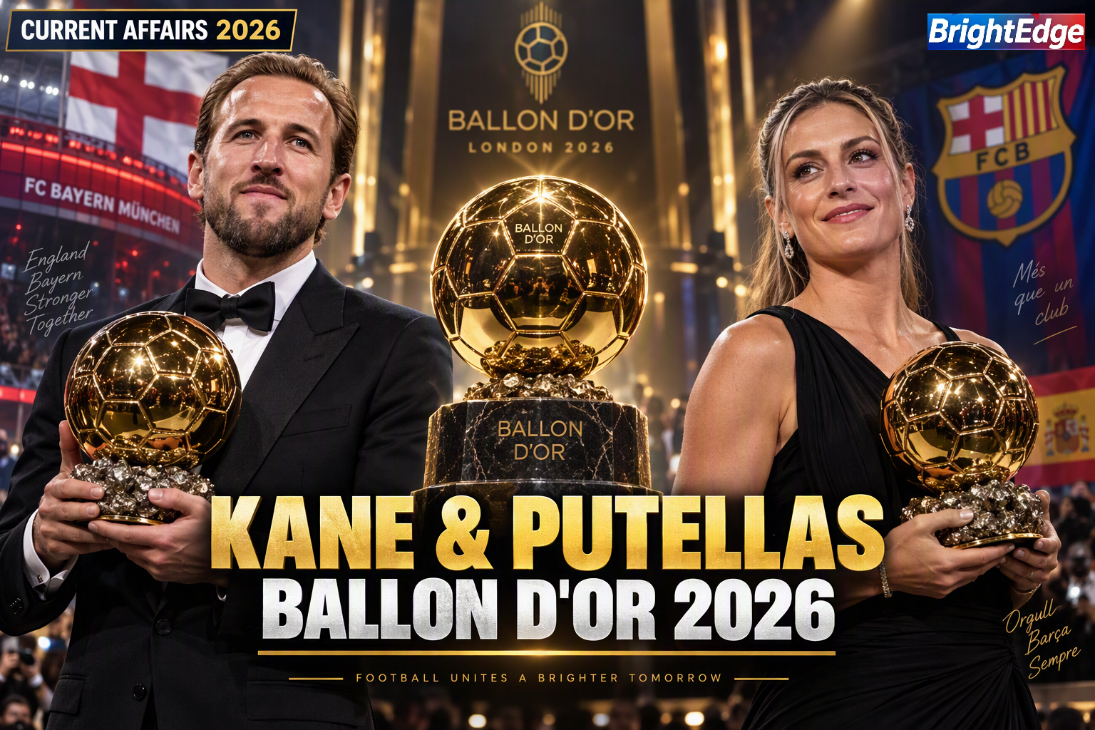 Harry Kane and Alexia Putellas with the Ballon d'Or trophies after winning the 2026 men's and women's awards