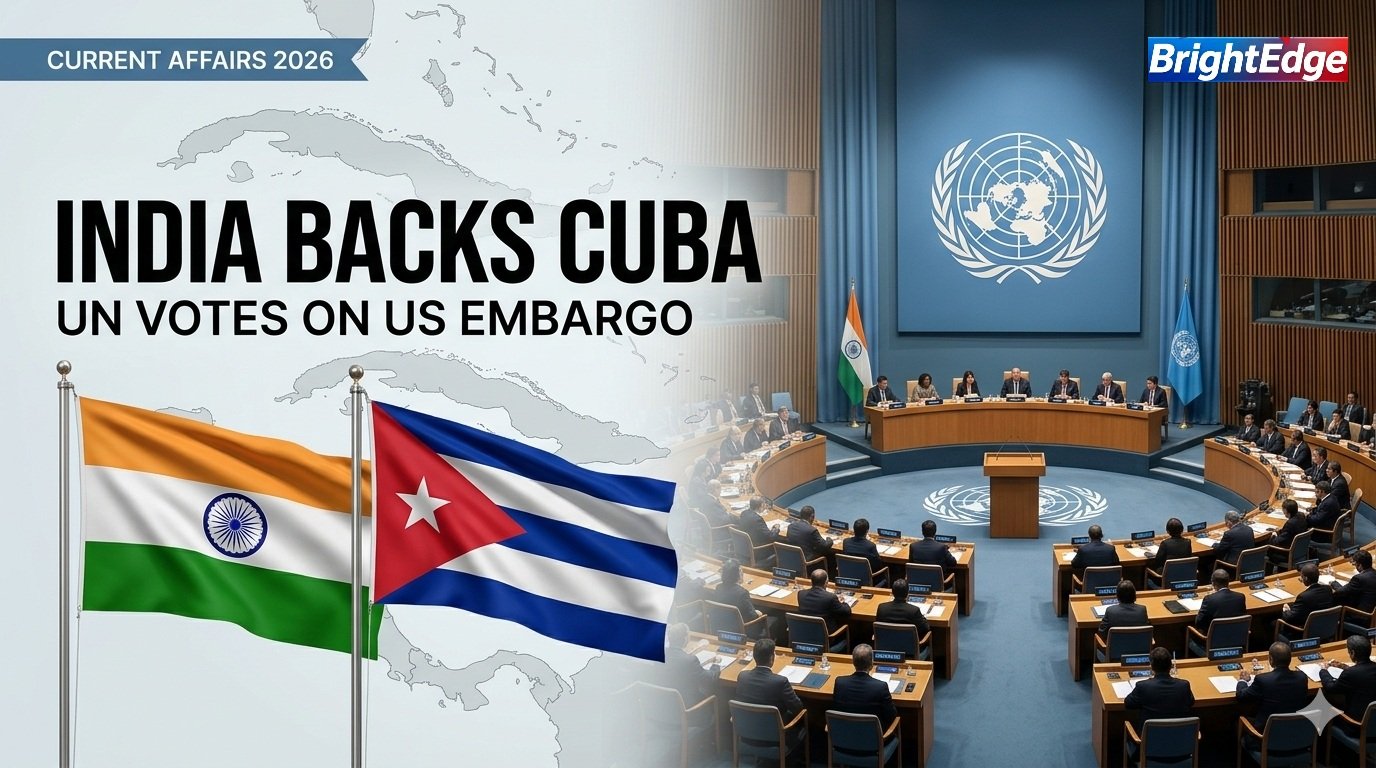 Indian and Cuban flags with the United Nations General Assembly representing India's support for a resolution against the US embargo on Cuba