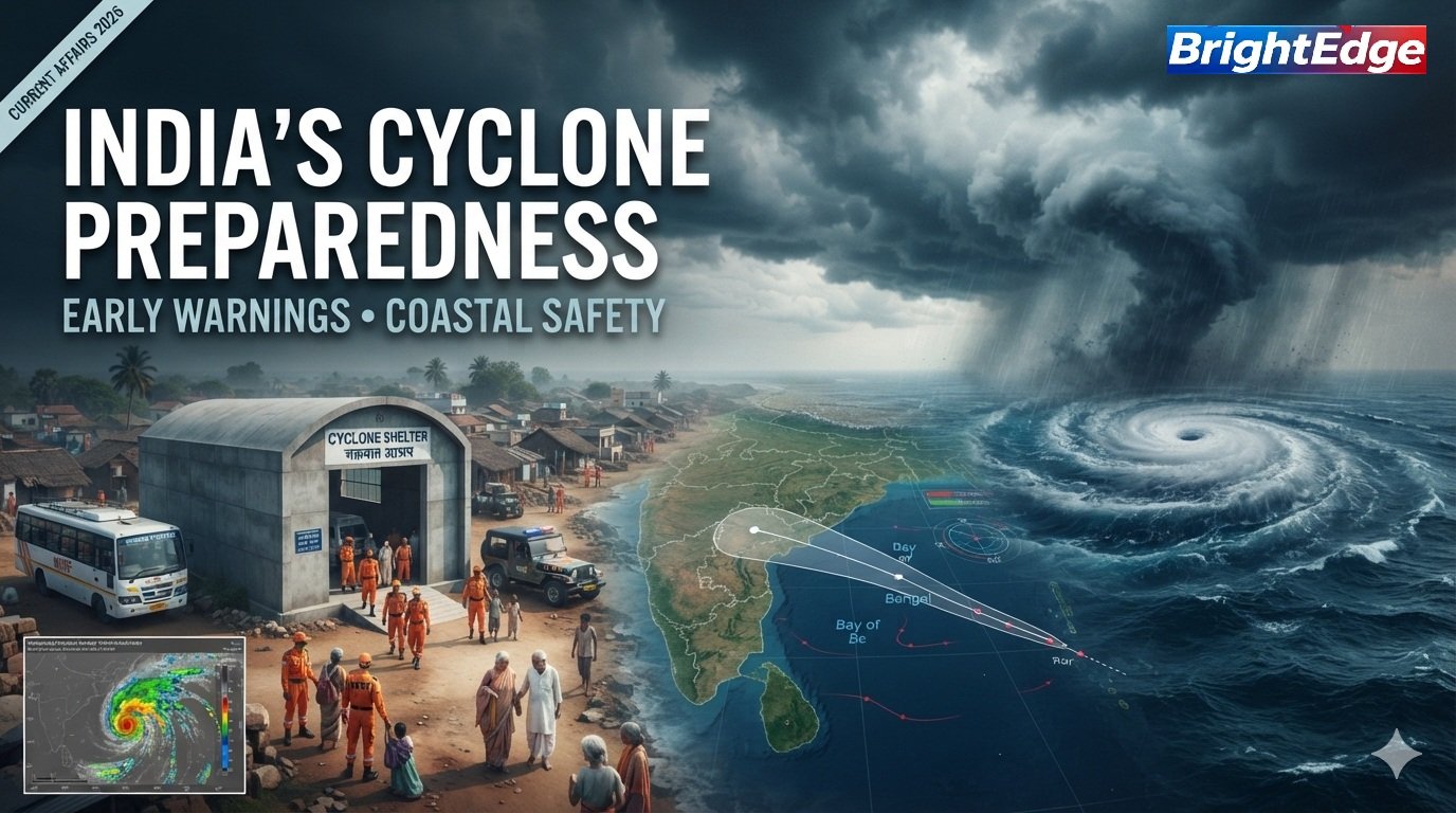 India's cyclone preparedness showing coastal safety measures, cyclone shelter and disaster-response operations